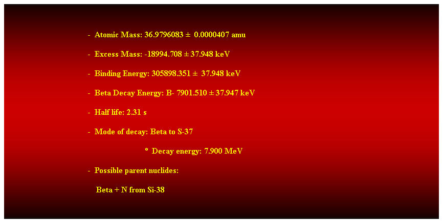 Cuadro de texto:  
-  Atomic Mass: 36.9796083   0.0000407 amu 
-  Excess Mass: -18994.708  37.948 keV 
-  Binding Energy: 305898.351   37.948 keV 
-  Beta Decay Energy: B- 7901.510  37.947 keV 
-  Half life: 2.31 s 
-  Mode of decay: Beta to S-37 
                              Decay energy: 7.900 MeV 
-  Possible parent nuclides: 
    Beta + N from Si-38 
