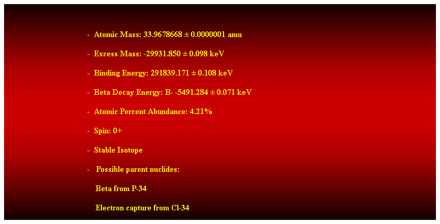 Cuadro de texto:  
-  Atomic Mass: 33.9678668  0.0000001 amu 
-  Excess Mass: -29931.850  0.098 keV 
-  Binding Energy: 291839.171  0.108 keV 
-  Beta Decay Energy: B- -5491.284  0.071 keV 
-  Atomic Percent Abundance: 4.21% 
-  Spin: 0+ 
-  Stable Isotope 
-   Possible parent nuclides: 
    Beta from P-34 
    Electron capture from Cl-34 
 
