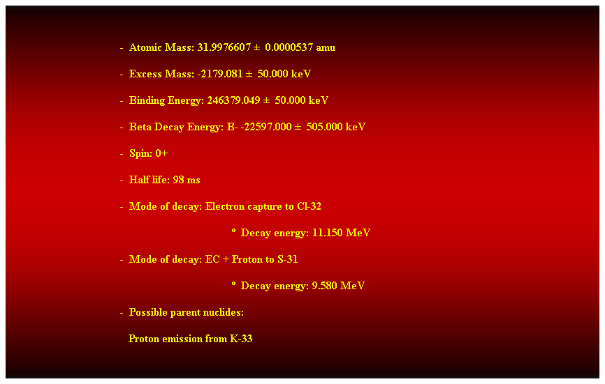 Cuadro de texto:  
-  Atomic Mass: 31.9976607   0.0000537 amu 
-  Excess Mass: -2179.081   50.000 keV 
-  Binding Energy: 246379.049   50.000 keV 
-  Beta Decay Energy: B- -22597.000   505.000 keV 
-  Spin: 0+ 
-  Half life: 98 ms 
-  Mode of decay: Electron capture to Cl-32 
  Decay energy: 11.150 MeV 
-  Mode of decay: EC + Proton to S-31 
  Decay energy: 9.580 MeV 
-  Possible parent nuclides:
                                           Proton emission from K-33 
 
