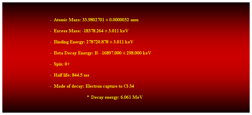 Cuadro de texto:  
-  Atomic Mass: 33.9802701  0.0000032 amu 
-  Excess Mass: -18378.264  3.011 keV 
-  Binding Energy: 278720.878  3.011 keV 
-  Beta Decay Energy: B- -16897.000  298.000 keV 
-  Spin: 0+ 
-  Half life: 844.5 ms 
-  Mode of decay: Electron capture to Cl-34
                                                                          Decay energy: 6.061 MeV 
 
