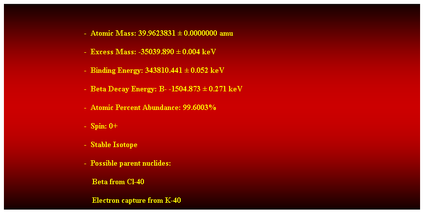 Cuadro de texto:  
-  Atomic Mass: 39.9623831  0.0000000 amu 
-  Excess Mass: -35039.890  0.004 keV 
-  Binding Energy: 343810.441  0.052 keV 
-  Beta Decay Energy: B- -1504.873  0.271 keV 
-  Atomic Percent Abundance: 99.6003% 
-  Spin: 0+ 
-  Stable Isotope 
-  Possible parent nuclides: 
    Beta from Cl-40 
    Electron capture from K-40 
 
