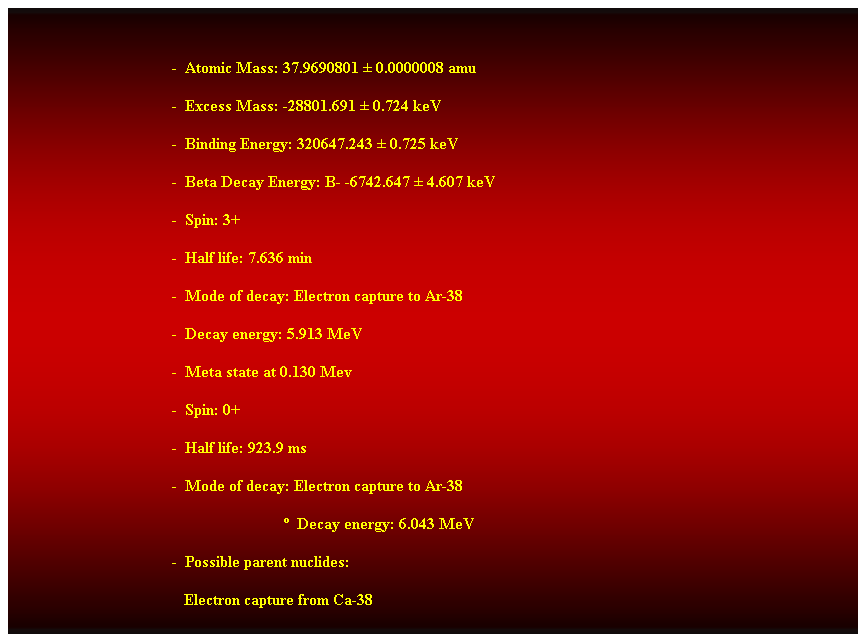 Cuadro de texto:  
-  Atomic Mass: 37.9690801  0.0000008 amu 
-  Excess Mass: -28801.691  0.724 keV 
-  Binding Energy: 320647.243  0.725 keV 
-  Beta Decay Energy: B- -6742.647  4.607 keV 
-  Spin: 3+ 
-  Half life: 7.636 min 
-  Mode of decay: Electron capture to Ar-38 
-  Decay energy: 5.913 MeV 
-  Meta state at 0.130 Mev 
-  Spin: 0+ 
-  Half life: 923.9 ms 
-  Mode of decay: Electron capture to Ar-38 
                                                                      Decay energy: 6.043 MeV 
-  Possible parent nuclides: 
   Electron capture from Ca-38 
