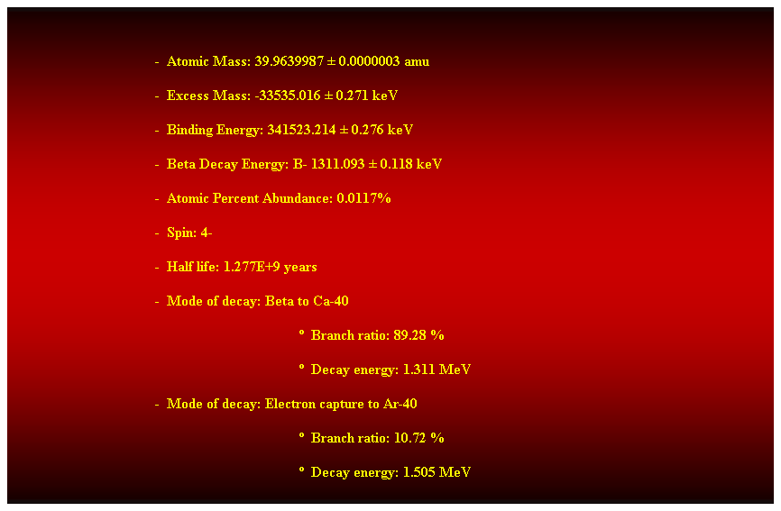 Cuadro de texto:  
-  Atomic Mass: 39.9639987  0.0000003 amu 
-  Excess Mass: -33535.016  0.271 keV 
-  Binding Energy: 341523.214  0.276 keV 
-  Beta Decay Energy: B- 1311.093  0.118 keV 
-  Atomic Percent Abundance: 0.0117% 
-  Spin: 4- 
-  Half life: 1.277E+9 years 
-  Mode of decay: Beta to Ca-40 
  Branch ratio: 89.28 % 
  Decay energy: 1.311 MeV 
-  Mode of decay: Electron capture to Ar-40 
  Branch ratio: 10.72 % 
  Decay energy: 1.505 MeV 
