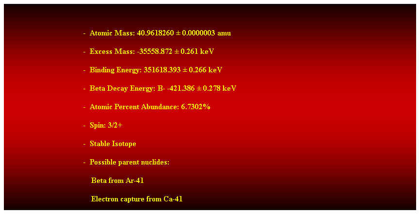 Cuadro de texto:  
-  Atomic Mass: 40.9618260  0.0000003 amu 
-  Excess Mass: -35558.872  0.261 keV 
-  Binding Energy: 351618.393  0.266 keV 
-  Beta Decay Energy: B- -421.386  0.278 keV 
-  Atomic Percent Abundance: 6.7302% 
-  Spin: 3/2+ 
-  Stable Isotope 
-  Possible parent nuclides: 
                                            Beta from Ar-41 
                                            Electron capture from Ca-41 
 
