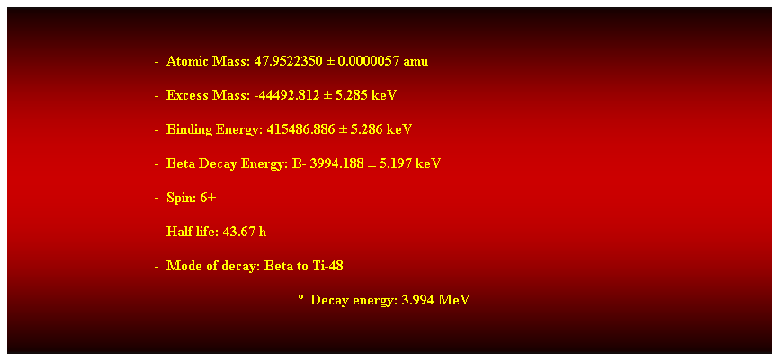 Cuadro de texto:  
-  Atomic Mass: 47.9522350  0.0000057 amu 
-  Excess Mass: -44492.812  5.285 keV 
-  Binding Energy: 415486.886  5.286 keV 
-  Beta Decay Energy: B- 3994.188  5.197 keV 
-  Spin: 6+ 
-  Half life: 43.67 h 
-  Mode of decay: Beta to Ti-48 
  Decay energy: 3.994 MeV 
