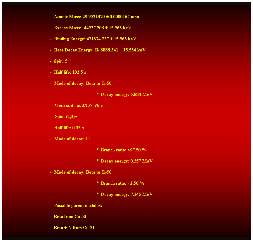 Cuadro de texto:  
-  Atomic Mass: 49.9521870  0.0000167 amu 
-  Excess Mass: -44537.508  15.563 keV 
-  Binding Energy: 431674.227  15.563 keV 
-  Beta Decay Energy: B- 6888.341  15.534 keV 
-  Spin: 5+ 
-  Half life: 102.5 s 
-  Mode of decay: Beta to Ti-50 
  Decay energy: 6.888 MeV 
-  Meta state at 0.257 Mev 
    Spin: (2,3)+ 
-  Half life: 0.35 s 
-  Mode of decay: IT 
  Branch ratio: >97.50 % 
  Decay energy: 0.257 MeV 
-  Mode of decay: Beta to Ti-50 
  Branch ratio: <2.50 % 
  Decay energy: 7.145 MeV 
-  Possible parent nuclides: 
                                           Beta from Ca-50 
                                           Beta + N from Ca-51 
