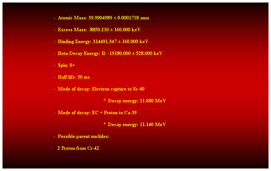 Cuadro de texto:  
-  Atomic Mass: 39.9904989  0.0001718 amu 
-  Excess Mass: -8850.210  160.000 keV 
-  Binding Energy: 314491.347  160.000 keV 
-  Beta Decay Energy: B- -19180.000  528.000 keV 
-  Spin: 0+ 
-  Half life: 50 ms 
-  Mode of decay: Electron capture to Sc-40 
  Decay energy: 11.680 MeV 
-  Mode of decay: EC + Proton to Ca-39 
  Decay energy: 11.140 MeV 
-  Possible parent nuclides: 
   2 Proton from Cr-42 
