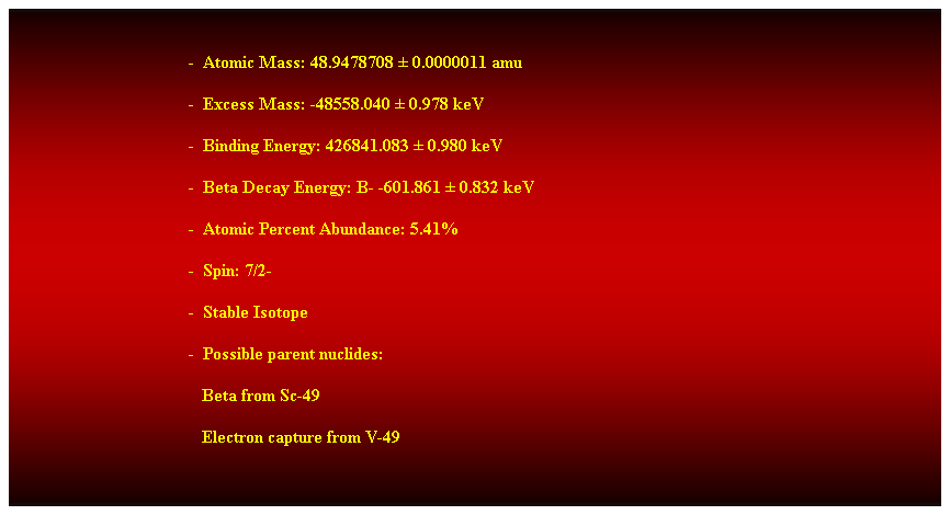 Cuadro de texto:  
-  Atomic Mass: 48.9478708  0.0000011 amu 
-  Excess Mass: -48558.040  0.978 keV 
-  Binding Energy: 426841.083  0.980 keV 
-  Beta Decay Energy: B- -601.861  0.832 keV 
-  Atomic Percent Abundance: 5.41% 
-  Spin: 7/2- 
-  Stable Isotope 
-  Possible parent nuclides: 
   Beta from Sc-49 
   Electron capture from V-49 
