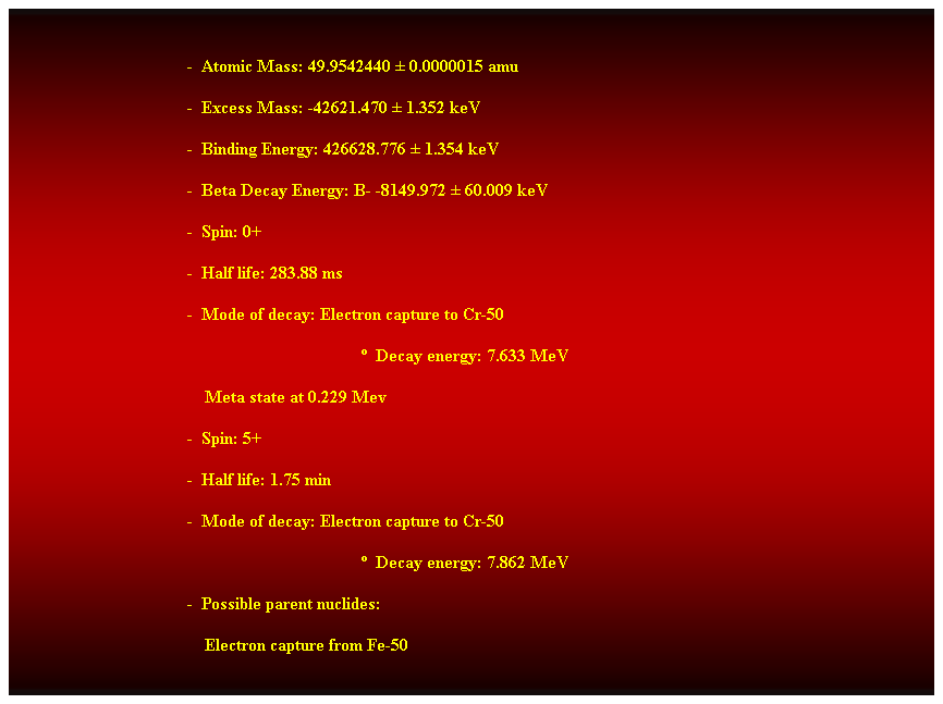 Cuadro de texto:  
-  Atomic Mass: 49.9542440  0.0000015 amu 
-  Excess Mass: -42621.470  1.352 keV 
-  Binding Energy: 426628.776  1.354 keV 
-  Beta Decay Energy: B- -8149.972  60.009 keV 
-  Spin: 0+ 
-  Half life: 283.88 ms 
-  Mode of decay: Electron capture to Cr-50 
  Decay energy: 7.633 MeV 
    Meta state at 0.229 Mev 
-  Spin: 5+ 
-  Half life: 1.75 min 
-  Mode of decay: Electron capture to Cr-50 
  Decay energy: 7.862 MeV 
-  Possible parent nuclides: 
    Electron capture from Fe-50 
