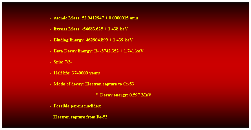 Cuadro de texto:  
-  Atomic Mass: 52.9412947  0.0000015 amu 
-  Excess Mass: -54683.625  1.438 keV 
-  Binding Energy: 462904.899  1.439 keV 
-  Beta Decay Energy: B- -3742.352  1.741 keV 
-  Spin: 7/2- 
-  Half life: 3740000 years 
-  Mode of decay: Electron capture to Cr-53 
  Decay energy: 0.597 MeV 
-  Possible parent nuclides: 
                                           Electron capture from Fe-53 
