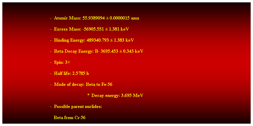 Cuadro de texto:  
-  Atomic Mass: 55.9389094  0.0000015 amu 
-  Excess Mass: -56905.551  1.381 keV 
-  Binding Energy: 489340.793  1.383 keV 
-  Beta Decay Energy: B- 3695.453  0.343 keV 
-  Spin: 3+ 
-  Half life: 2.5785 h 
-  Mode of decay: Beta to Fe-56 
                                  Decay energy: 3.695 MeV 
-  Possible parent nuclides: 
                                           Beta from Cr-56 
