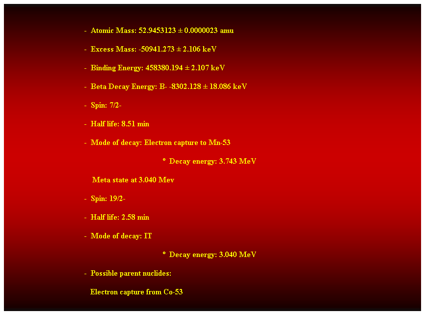 Cuadro de texto:  
-  Atomic Mass: 52.9453123  0.0000023 amu 
-  Excess Mass: -50941.273  2.106 keV 
-  Binding Energy: 458380.194  2.107 keV 
-  Beta Decay Energy: B- -8302.128  18.086 keV 
-  Spin: 7/2- 
-  Half life: 8.51 min 
-  Mode of decay: Electron capture to Mn-53 
  Decay energy: 3.743 MeV 
    Meta state at 3.040 Mev 
-  Spin: 19/2- 
-  Half life: 2.58 min 
-  Mode of decay: IT 
  Decay energy: 3.040 MeV 
-  Possible parent nuclides: 
   Electron capture from Co-53 
