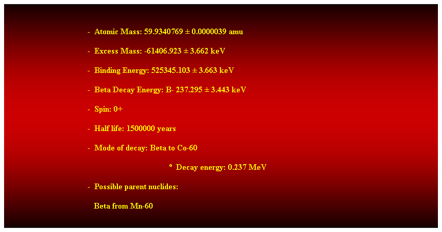 Cuadro de texto:  
-  Atomic Mass: 59.9340769  0.0000039 amu 
-  Excess Mass: -61406.923  3.662 keV 
-  Binding Energy: 525345.103  3.663 keV 
-  Beta Decay Energy: B- 237.295  3.443 keV
-  Spin: 0+ 
-  Half life: 1500000 years 
-  Mode of decay: Beta to Co-60 
  Decay energy: 0.237 MeV 
-  Possible parent nuclides: 
   Beta from Mn-60 
 
