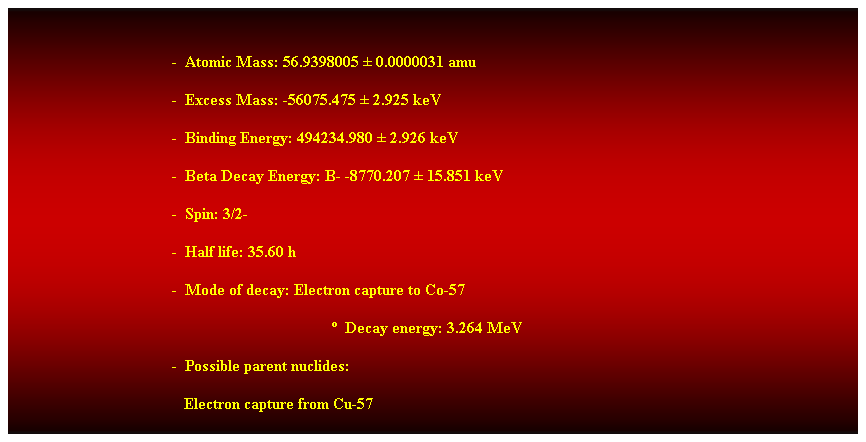 Cuadro de texto:  
-  Atomic Mass: 56.9398005  0.0000031 amu 
-  Excess Mass: -56075.475  2.925 keV 
-  Binding Energy: 494234.980  2.926 keV 
-  Beta Decay Energy: B- -8770.207  15.851 keV 
-  Spin: 3/2- 
-  Half life: 35.60 h 
-  Mode of decay: Electron capture to Co-57 
  Decay energy: 3.264 MeV 
-  Possible parent nuclides: 
   Electron capture from Cu-57 
