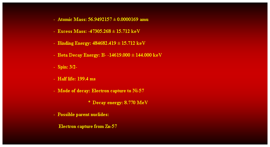 Cuadro de texto:  
-  Atomic Mass: 56.9492157  0.0000169 amu 
-  Excess Mass: -47305.268  15.712 keV 
-  Binding Energy: 484682.419  15.712 keV 
-  Beta Decay Energy: B- -14619.000  144.000 keV 
-  Spin: 3/2- 
-  Half life: 199.4 ms 
-  Mode of decay: Electron capture to Ni-57 
                                                                      Decay energy: 8.770 MeV 
-  Possible parent nuclides: 
    Electron capture from Zn-57 
