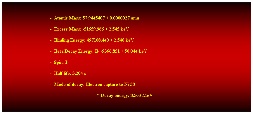 Cuadro de texto:  
-  Atomic Mass: 57.9445407  0.0000027 amu 
-  Excess Mass: -51659.966  2.545 keV 
-  Binding Energy: 497108.440  2.546 keV 
-  Beta Decay Energy: B- -9366.851  50.044 keV 
-  Spin: 1+ 
-  Half life: 3.204 s 
-  Mode of decay: Electron capture to Ni-58 
  Decay energy: 8.563 MeV 
