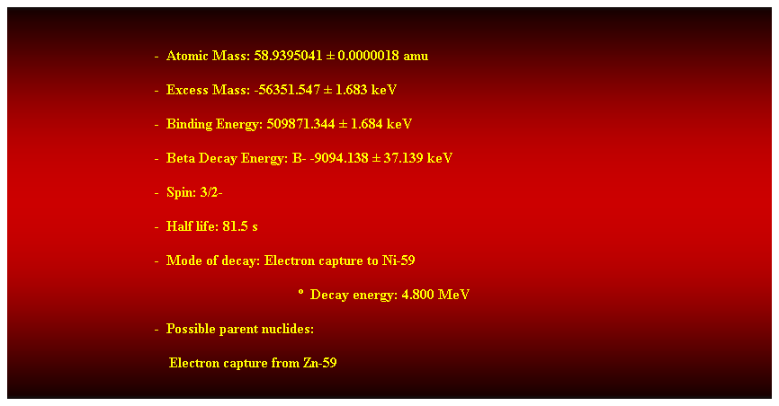 Cuadro de texto:  
-  Atomic Mass: 58.9395041  0.0000018 amu 
-  Excess Mass: -56351.547  1.683 keV 
-  Binding Energy: 509871.344  1.684 keV 
-  Beta Decay Energy: B- -9094.138  37.139 keV 
-  Spin: 3/2- 
-  Half life: 81.5 s 
-  Mode of decay: Electron capture to Ni-59 
  Decay energy: 4.800 MeV 
-  Possible parent nuclides: 
    Electron capture from Zn-59 
