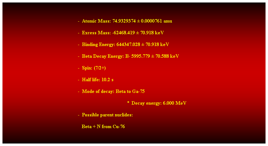 Cuadro de texto:  
-  Atomic Mass: 74.9329374  0.0000761 amu 
-  Excess Mass: -62468.419  70.918 keV 
-  Binding Energy: 644347.028  70.918 keV 
-  Beta Decay Energy: B- 5995.779  70.588 keV 
-  Spin: (7/2+) 
-  Half life: 10.2 s 
-  Mode of decay: Beta to Ga-75 
  Decay energy: 6.000 MeV 
-  Possible parent nuclides: 
   Beta + N from Cu-76 
 
