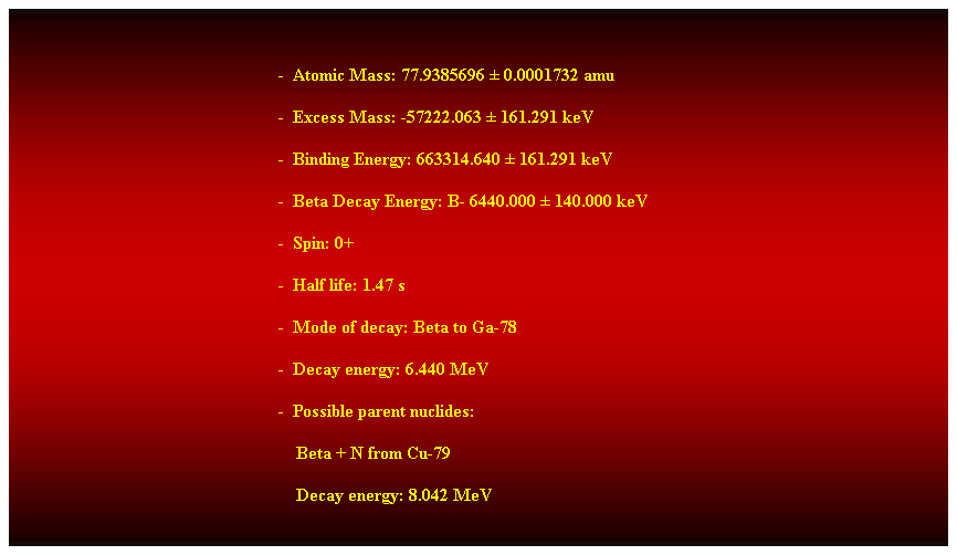 Cuadro de texto:  
-  Atomic Mass: 77.9385696  0.0001732 amu 
-  Excess Mass: -57222.063  161.291 keV 
-  Binding Energy: 663314.640  161.291 keV 
-  Beta Decay Energy: B- 6440.000  140.000 keV 
-  Spin: 0+ 
-  Half life: 1.47 s 
-  Mode of decay: Beta to Ga-78 
-  Decay energy: 6.440 MeV 
-  Possible parent nuclides: 
    Beta + N from Cu-79 
    Decay energy: 8.042 MeV 
 
