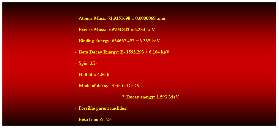 Cuadro de texto:  
-  Atomic Mass: 72.9251698  0.0000068 amu 
-  Excess Mass: -69703.842  6.334 keV 
-  Binding Energy: 634657.452  6.335 keV 
-  Beta Decay Energy: B- 1593.293  6.164 keV 
-  Spin: 3/2- 
-  Half life: 4.86 h 
-  Mode of decay: Beta to Ge-73 
  Decay energy: 1.593 MeV 
-  Possible parent nuclides: 
   Beta from Zn-73 
 
