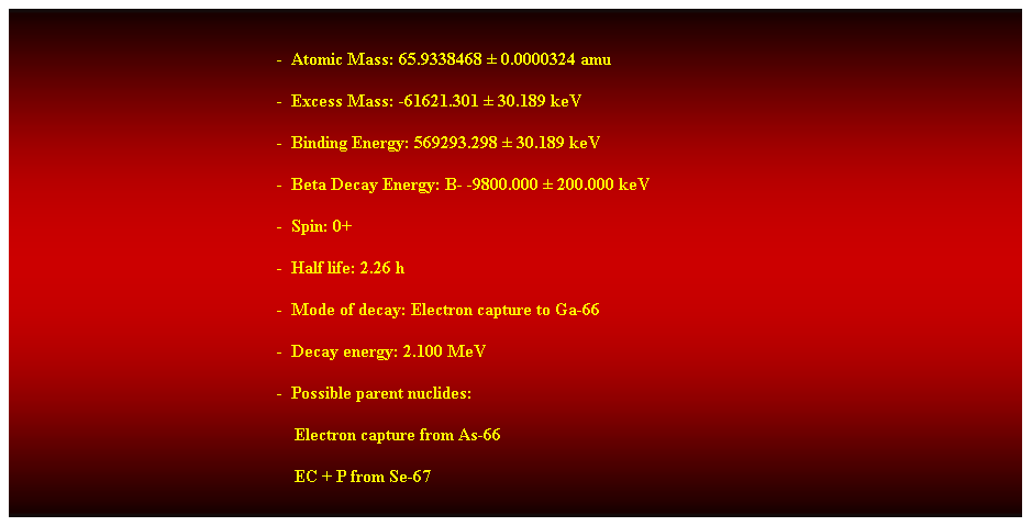 Cuadro de texto:  
-  Atomic Mass: 65.9338468  0.0000324 amu 
-  Excess Mass: -61621.301  30.189 keV 
-  Binding Energy: 569293.298  30.189 keV 
-  Beta Decay Energy: B- -9800.000  200.000 keV
-  Spin: 0+ 
-  Half life: 2.26 h 
-  Mode of decay: Electron capture to Ga-66 
-  Decay energy: 2.100 MeV 
-  Possible parent nuclides: 
    Electron capture from As-66 
    EC + P from Se-67 
 
