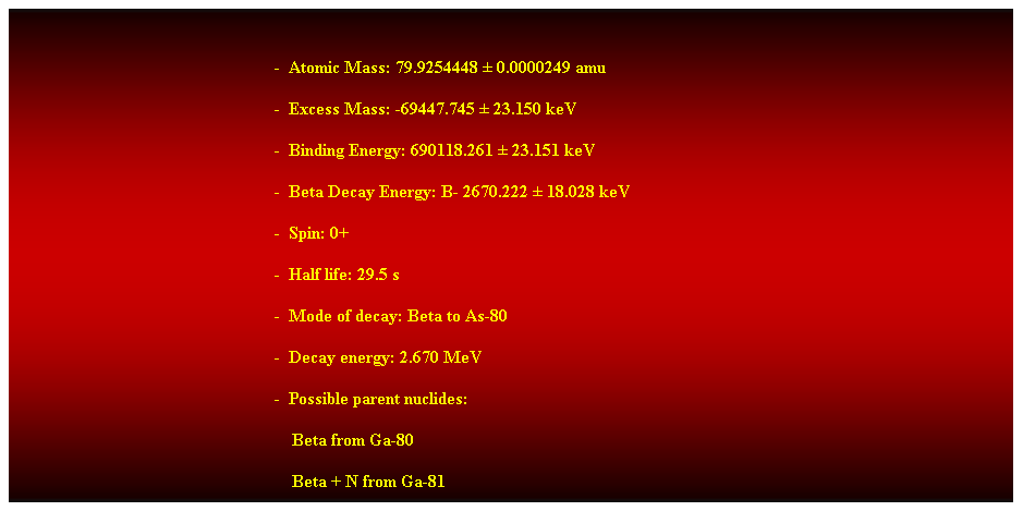 Cuadro de texto:  
-  Atomic Mass: 79.9254448  0.0000249 amu 
-  Excess Mass: -69447.745  23.150 keV 
-  Binding Energy: 690118.261  23.151 keV 
-  Beta Decay Energy: B- 2670.222  18.028 keV 
-  Spin: 0+ 
-  Half life: 29.5 s 
-  Mode of decay: Beta to As-80 
-  Decay energy: 2.670 MeV 
-  Possible parent nuclides: 
                                                                Beta from Ga-80 
                                                                Beta + N from Ga-81 
 
