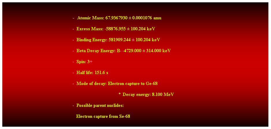 Cuadro de texto:  
-  Atomic Mass: 67.9367930  0.0001076 amu 
-  Excess Mass: -58876.955  100.204 keV 
-  Binding Energy: 581909.244  100.204 keV 
-  Beta Decay Energy: B- -4729.000  314.000 keV 
-  Spin: 3+ 
-  Half life: 151.6 s 
-  Mode of decay: Electron capture to Ge-68 
  Decay energy: 8.100 MeV 
-  Possible parent nuclides: 
   Electron capture from Se-68 
