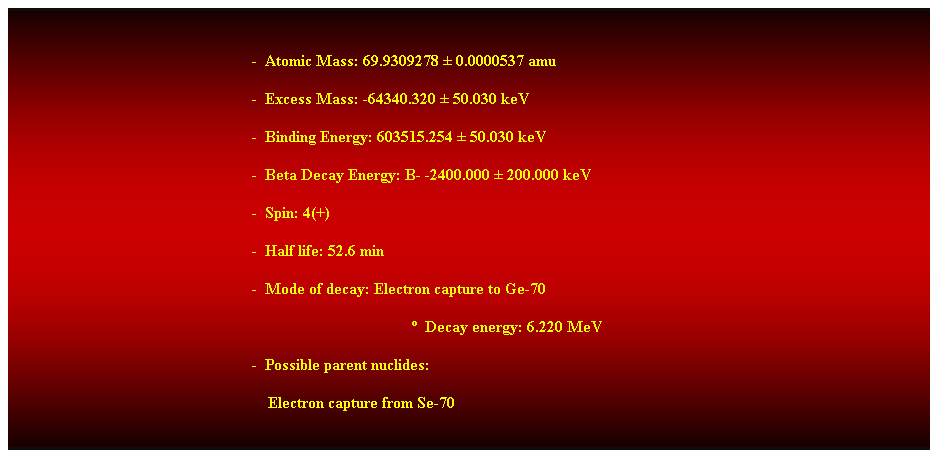 Cuadro de texto:  
-  Atomic Mass: 69.9309278  0.0000537 amu 
-  Excess Mass: -64340.320  50.030 keV 
-  Binding Energy: 603515.254  50.030 keV 
-  Beta Decay Energy: B- -2400.000  200.000 keV 
-  Spin: 4(+) 
-  Half life: 52.6 min 
-  Mode of decay: Electron capture to Ge-70 
  Decay energy: 6.220 MeV 
-  Possible parent nuclides: 
    Electron capture from Se-70 
 
