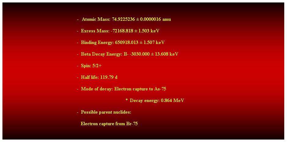 Cuadro de texto:  
-  Atomic Mass: 74.9225236  0.0000016 amu 
-  Excess Mass: -72168.818  1.503 keV 
-  Binding Energy: 650918.013  1.507 keV 
-  Beta Decay Energy: B- -3030.000  13.608 keV 
-  Spin: 5/2+ 
-  Half life: 119.79 d 
-  Mode of decay: Electron capture to As-75 
  Decay energy: 0.864 MeV 
-  Possible parent nuclides: 
   Electron capture from Br-75 
