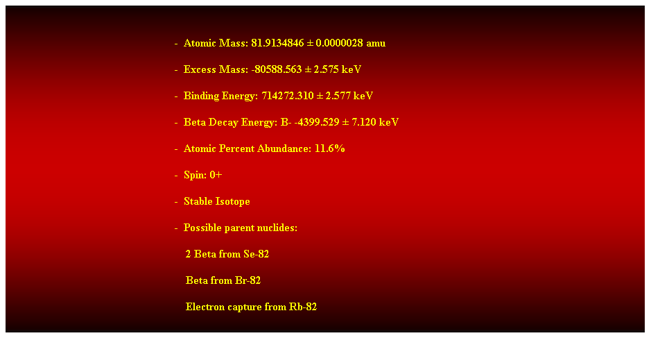 Cuadro de texto:  
-  Atomic Mass: 81.9134846  0.0000028 amu 
-  Excess Mass: -80588.563  2.575 keV 
-  Binding Energy: 714272.310  2.577 keV 
-  Beta Decay Energy: B- -4399.529  7.120 keV
-  Atomic Percent Abundance: 11.6% 
-  Spin: 0+ 
-  Stable Isotope 
-  Possible parent nuclides: 
    2 Beta from Se-82 
    Beta from Br-82 
    Electron capture from Rb-82 
