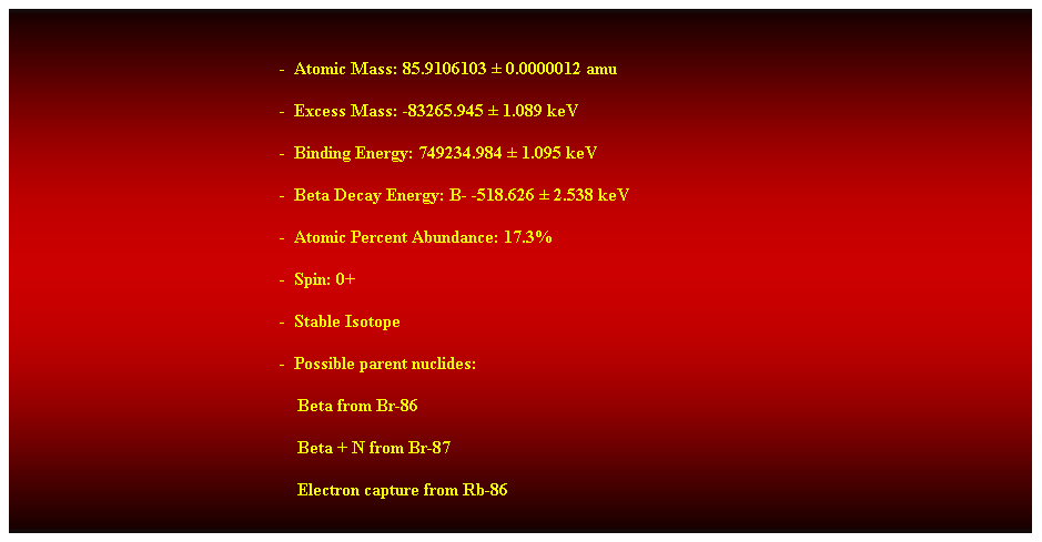 Cuadro de texto:  
-  Atomic Mass: 85.9106103  0.0000012 amu 
-  Excess Mass: -83265.945  1.089 keV 
-  Binding Energy: 749234.984  1.095 keV 
-  Beta Decay Energy: B- -518.626  2.538 keV 
-  Atomic Percent Abundance: 17.3% 
-  Spin: 0+ 
-  Stable Isotope 
-  Possible parent nuclides: 
                                                                Beta from Br-86 
                                                                Beta + N from Br-87 
                                                                Electron capture from Rb-86 
