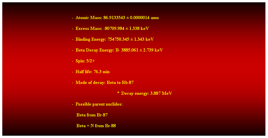 Cuadro de texto:  
-  Atomic Mass: 86.9133543  0.0000014 amu 
-  Excess Mass: -80709.984  1.338 keV 
-  Binding Energy: 754750.345  1.343 keV 
-  Beta Decay Energy: B- 3885.061  2.739 keV 
-  Spin: 5/2+ 
-  Half life: 76.3 min 
-  Mode of decay: Beta to Rb-87 
  Decay energy: 3.887 MeV 
-  Possible parent nuclides: 
    Beta from Br-87 
    Beta + N from Br-88 
 
