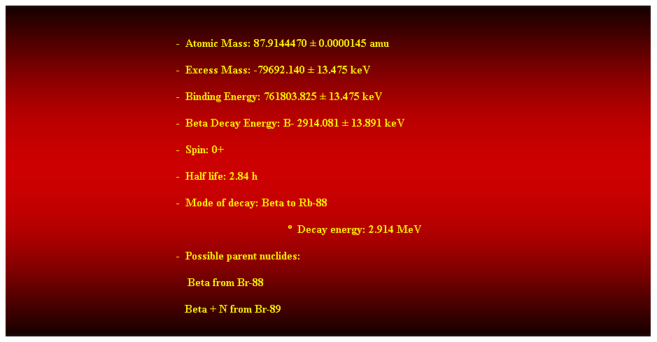 Cuadro de texto:  
-  Atomic Mass: 87.9144470  0.0000145 amu 
-  Excess Mass: -79692.140  13.475 keV 
-  Binding Energy: 761803.825  13.475 keV 
-  Beta Decay Energy: B- 2914.081  13.891 keV
-  Spin: 0+ 
-  Half life: 2.84 h 
-  Mode of decay: Beta to Rb-88 
  Decay energy: 2.914 MeV 
-  Possible parent nuclides:
    Beta from Br-88 
   Beta + N from Br-89 
 
