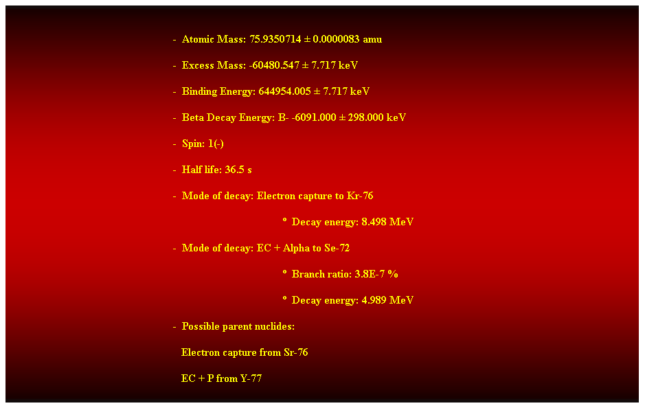 Cuadro de texto:  
-  Atomic Mass: 75.9350714  0.0000083 amu 
-  Excess Mass: -60480.547  7.717 keV 
-  Binding Energy: 644954.005  7.717 keV 
-  Beta Decay Energy: B- -6091.000  298.000 keV 
-  Spin: 1(-) 
-  Half life: 36.5 s 
-  Mode of decay: Electron capture to Kr-76 
  Decay energy: 8.498 MeV 
-  Mode of decay: EC + Alpha to Se-72 
  Branch ratio: 3.8E-7 % 
  Decay energy: 4.989 MeV 
-  Possible parent nuclides: 
                                                               Electron capture from Sr-76 
                                                               EC + P from Y-77 
