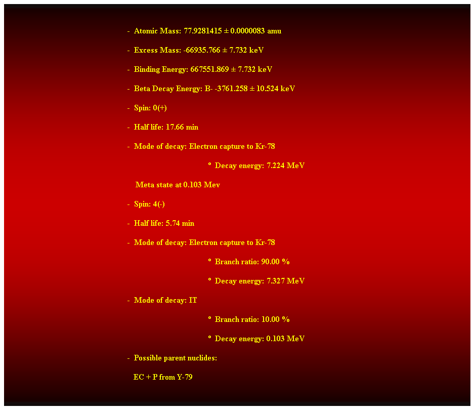 Cuadro de texto:  
-  Atomic Mass: 77.9281415  0.0000083 amu 
-  Excess Mass: -66935.766  7.732 keV 
-  Binding Energy: 667551.869  7.732 keV 
-  Beta Decay Energy: B- -3761.258  10.524 keV 
-  Spin: 0(+) 
-  Half life: 17.66 min 
-  Mode of decay: Electron capture to Kr-78 
  Decay energy: 7.224 MeV 
    Meta state at 0.103 Mev 
-  Spin: 4(-) 
-  Half life: 5.74 min 
-  Mode of decay: Electron capture to Kr-78 
  Branch ratio: 90.00 % 
  Decay energy: 7.327 MeV 
-  Mode of decay: IT 
  Branch ratio: 10.00 % 
  Decay energy: 0.103 MeV 
-  Possible parent nuclides: 
                                                               EC + P from Y-79 
 
