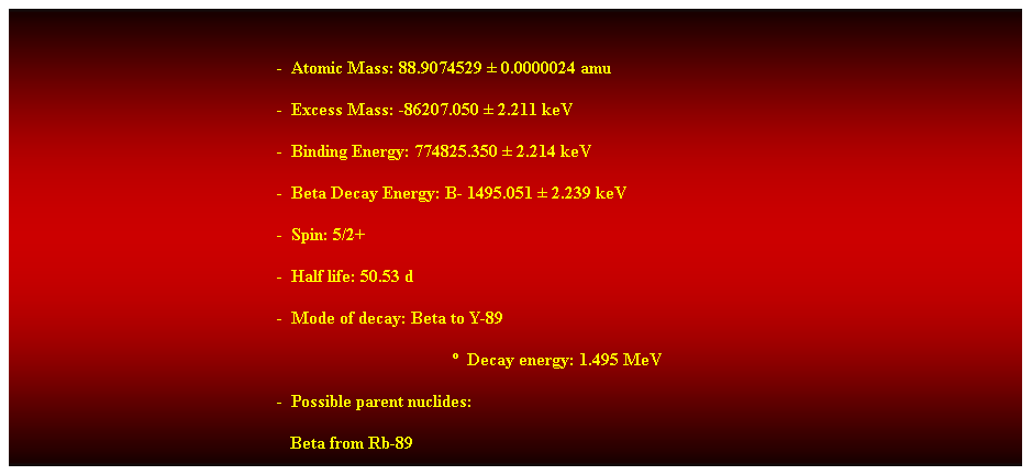 Cuadro de texto:  
-  Atomic Mass: 88.9074529  0.0000024 amu 
-  Excess Mass: -86207.050  2.211 keV 
-  Binding Energy: 774825.350  2.214 keV 
-  Beta Decay Energy: B- 1495.051  2.239 keV 
-  Spin: 5/2+ 
-  Half life: 50.53 d 
-  Mode of decay: Beta to Y-89 
  Decay energy: 1.495 MeV 
-  Possible parent nuclides: 
                                                               Beta from Rb-89 
 
