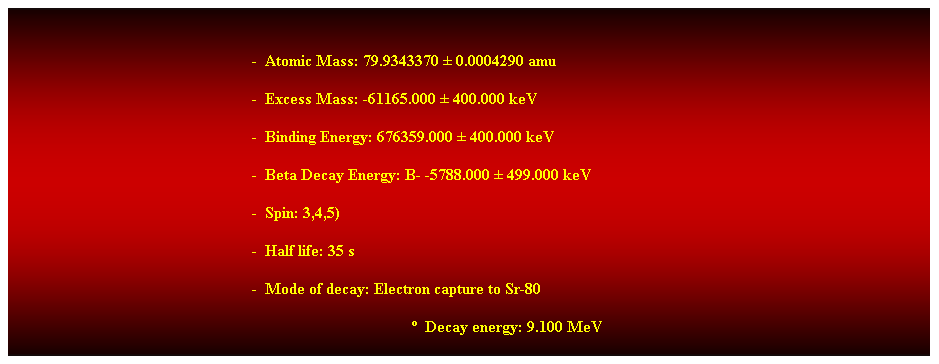 Cuadro de texto:  
-  Atomic Mass: 79.9343370  0.0004290 amu 
-  Excess Mass: -61165.000  400.000 keV 
-  Binding Energy: 676359.000  400.000 keV 
-  Beta Decay Energy: B- -5788.000  499.000 keV 
-  Spin: 3,4,5) 
-  Half life: 35 s 
-  Mode of decay: Electron capture to Sr-80 
  Decay energy: 9.100 MeV 
