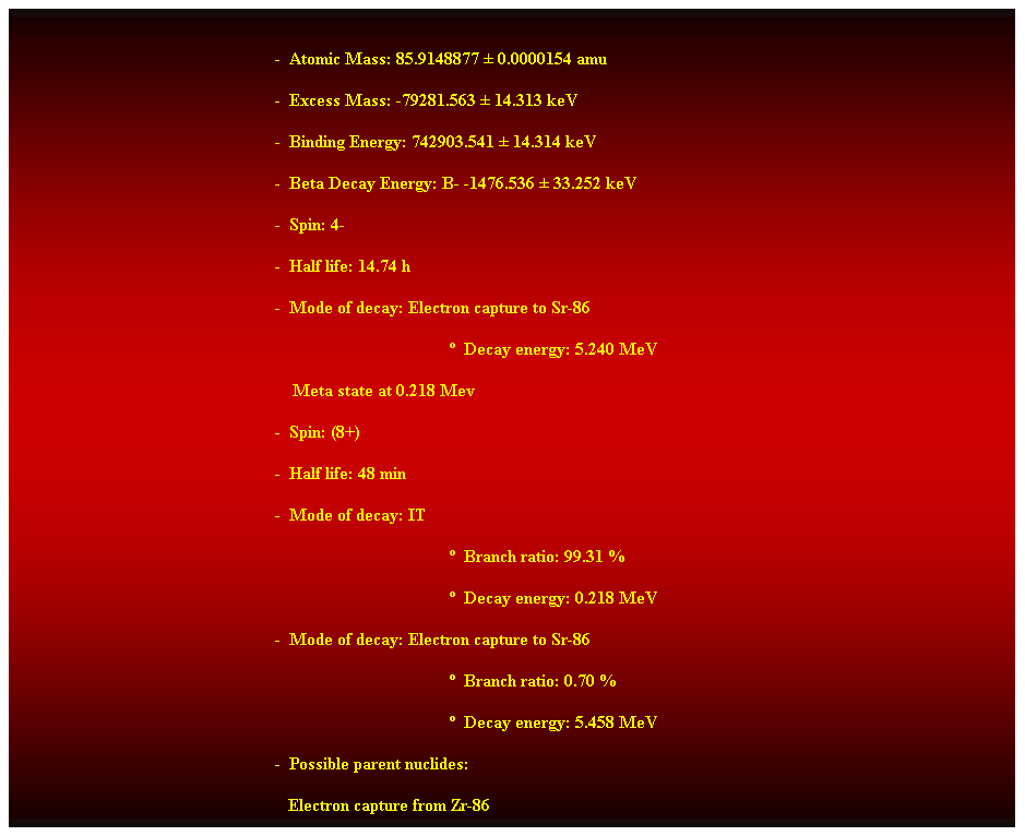 Cuadro de texto:  
-  Atomic Mass: 85.9148877  0.0000154 amu 
-  Excess Mass: -79281.563  14.313 keV 
-  Binding Energy: 742903.541  14.314 keV 
-  Beta Decay Energy: B- -1476.536  33.252 keV 
-  Spin: 4- 
-  Half life: 14.74 h 
-  Mode of decay: Electron capture to Sr-86 
  Decay energy: 5.240 MeV 
    Meta state at 0.218 Mev 
-  Spin: (8+) 
-  Half life: 48 min 
-  Mode of decay: IT 
  Branch ratio: 99.31 % 
  Decay energy: 0.218 MeV 
-  Mode of decay: Electron capture to Sr-86 
  Branch ratio: 0.70 % 
  Decay energy: 5.458 MeV 
-  Possible parent nuclides: 
                                                               Electron capture from Zr-86
