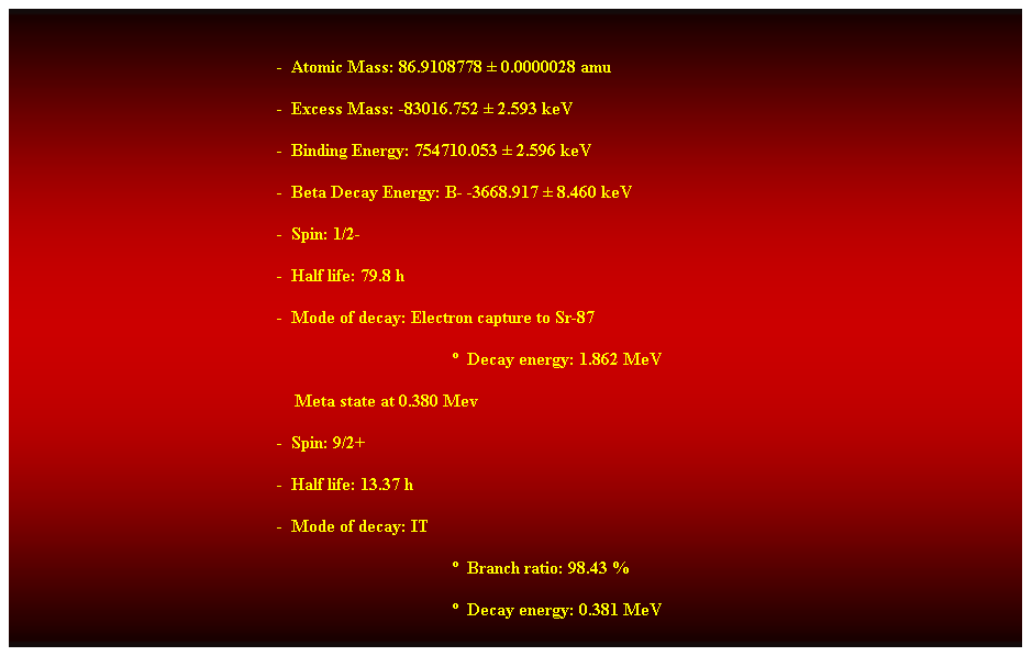 Cuadro de texto:  
-  Atomic Mass: 86.9108778  0.0000028 amu 
-  Excess Mass: -83016.752  2.593 keV 
-  Binding Energy: 754710.053  2.596 keV 
-  Beta Decay Energy: B- -3668.917  8.460 keV 
-  Spin: 1/2- 
-  Half life: 79.8 h 
-  Mode of decay: Electron capture to Sr-87 
  Decay energy: 1.862 MeV 
    Meta state at 0.380 Mev 
-  Spin: 9/2+ 
-  Half life: 13.37 h 
-  Mode of decay: IT 
  Branch ratio: 98.43 % 
  Decay energy: 0.381 MeV 
