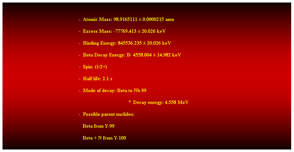 Cuadro de texto:  
-  Atomic Mass: 98.9165111  0.0000215 amu 
-  Excess Mass: -77769.413  20.026 keV 
-  Binding Energy: 845536.235  20.026 keV 
-  Beta Decay Energy: B- 4558.004  14.982 keV 
-  Spin: (1/2+) 
-  Half life: 2.1 s 
-  Mode of decay: Beta to Nb-99 
  Decay energy: 4.558 MeV 
-  Possible parent nuclides: 
                                                               Beta from Y-99 
                                                               Beta + N from Y-100 
