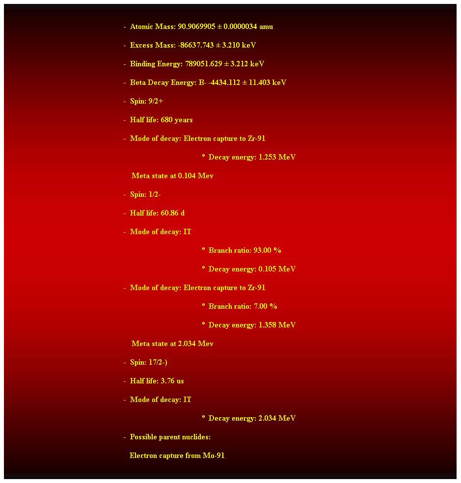 Cuadro de texto:  
-  Atomic Mass: 90.9069905  0.0000034 amu 
-  Excess Mass: -86637.743  3.210 keV 
-  Binding Energy: 789051.629  3.212 keV 
-  Beta Decay Energy: B- -4434.112  11.403 keV 
-  Spin: 9/2+ 
-  Half life: 680 years 
-  Mode of decay: Electron capture to Zr-91 
  Decay energy: 1.253 MeV 
    Meta state at 0.104 Mev 
-  Spin: 1/2- 
-  Half life: 60.86 d 
-  Mode of decay: IT 
  Branch ratio: 93.00 % 
  Decay energy: 0.105 MeV 
-  Mode of decay: Electron capture to Zr-91 
  Branch ratio: 7.00 % 
  Decay energy: 1.358 MeV 
    Meta state at 2.034 Mev 
-  Spin: 17/2-) 
-  Half life: 3.76 us 
-  Mode of decay: IT 
  Decay energy: 2.034 MeV 
-  Possible parent nuclides: 
                                                               Electron capture from Mo-91 
