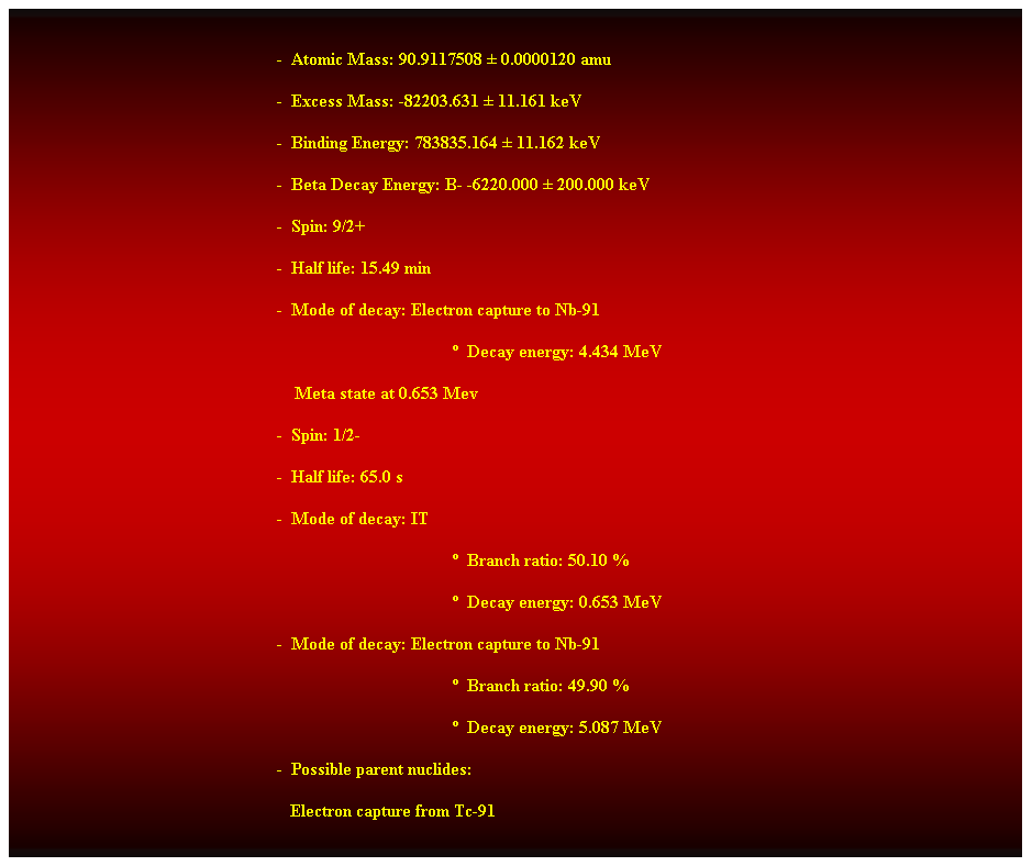 Cuadro de texto:  
-  Atomic Mass: 90.9117508  0.0000120 amu 
-  Excess Mass: -82203.631  11.161 keV 
-  Binding Energy: 783835.164  11.162 keV 
-  Beta Decay Energy: B- -6220.000  200.000 keV 
-  Spin: 9/2+ 
-  Half life: 15.49 min 
-  Mode of decay: Electron capture to Nb-91 
  Decay energy: 4.434 MeV 
    Meta state at 0.653 Mev 
-  Spin: 1/2- 
-  Half life: 65.0 s 
-  Mode of decay: IT 
  Branch ratio: 50.10 % 
  Decay energy: 0.653 MeV 
-  Mode of decay: Electron capture to Nb-91 
  Branch ratio: 49.90 % 
  Decay energy: 5.087 MeV 
-  Possible parent nuclides: 
                                                               Electron capture from Tc-91 
