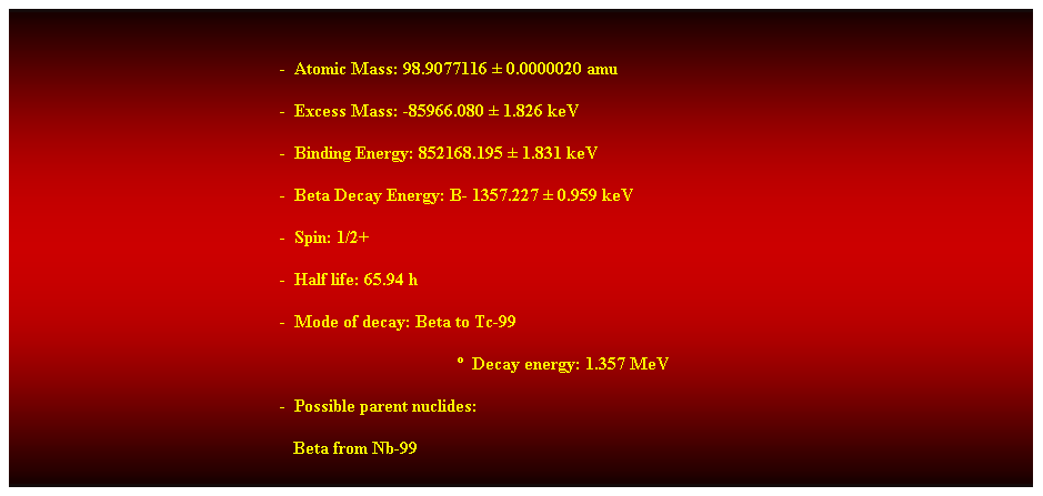 Cuadro de texto:  
-  Atomic Mass: 98.9077116  0.0000020 amu 
-  Excess Mass: -85966.080  1.826 keV 
-  Binding Energy: 852168.195  1.831 keV 
-  Beta Decay Energy: B- 1357.227  0.959 keV 
-  Spin: 1/2+ 
-  Half life: 65.94 h 
-  Mode of decay: Beta to Tc-99 
  Decay energy: 1.357 MeV 
-  Possible parent nuclides: 
                                                               Beta from Nb-99 
 
