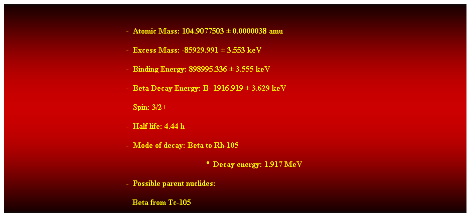 Cuadro de texto:  
-  Atomic Mass: 104.9077503  0.0000038 amu 
-  Excess Mass: -85929.991  3.553 keV 
-  Binding Energy: 898995.336  3.555 keV 
-  Beta Decay Energy: B- 1916.919  3.629 keV 
-  Spin: 3/2+ 
-  Half life: 4.44 h 
-  Mode of decay: Beta to Rh-105 
  Decay energy: 1.917 MeV 
-  Possible parent nuclides: 
                                                               Beta from Tc-105 
 
