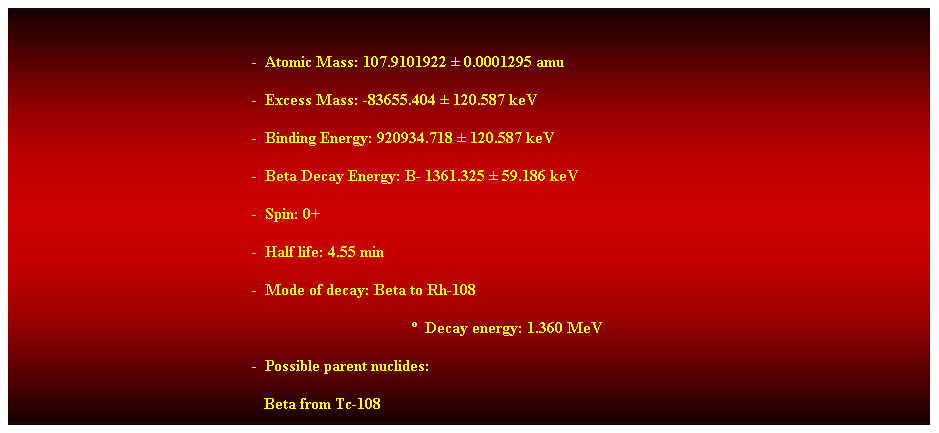 Cuadro de texto:  
-  Atomic Mass: 107.9101922  0.0001295 amu 
-  Excess Mass: -83655.404  120.587 keV 
-  Binding Energy: 920934.718  120.587 keV 
-  Beta Decay Energy: B- 1361.325  59.186 keV 
-  Spin: 0+ 
-  Half life: 4.55 min 
-  Mode of decay: Beta to Rh-108 
  Decay energy: 1.360 MeV 
-  Possible parent nuclides: 
                                                               Beta from Tc-108 
