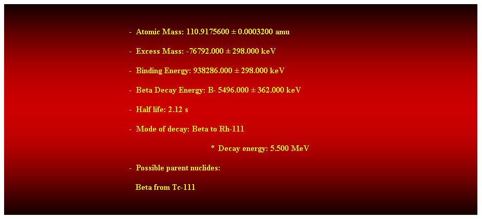 Cuadro de texto:  
-  Atomic Mass: 110.9175600  0.0003200 amu 
-  Excess Mass: -76792.000  298.000 keV 
-  Binding Energy: 938286.000  298.000 keV 
-  Beta Decay Energy: B- 5496.000  362.000 keV 
-  Half life: 2.12 s 
-  Mode of decay: Beta to Rh-111 
  Decay energy: 5.500 MeV 
-  Possible parent nuclides: 
                                                               Beta from Tc-111 
 
