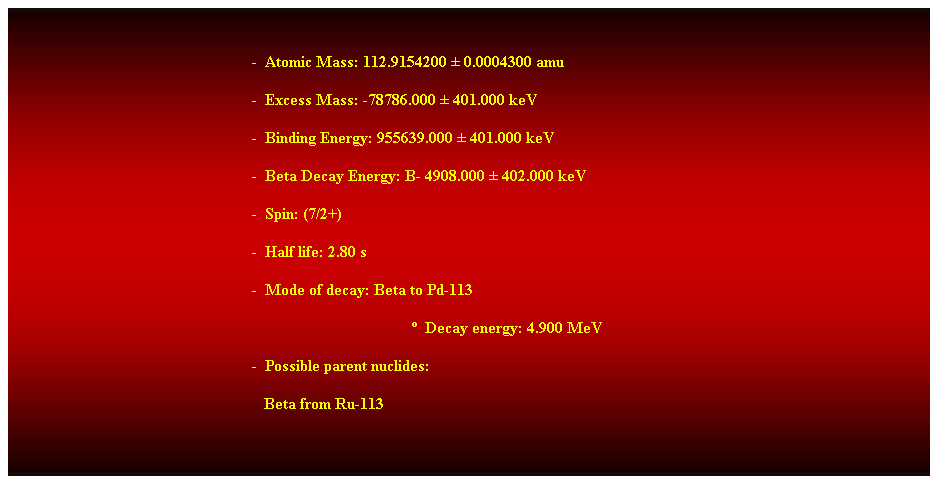 Cuadro de texto:  
-  Atomic Mass: 112.9154200  0.0004300 amu 
-  Excess Mass: -78786.000  401.000 keV 
-  Binding Energy: 955639.000  401.000 keV 
-  Beta Decay Energy: B- 4908.000  402.000 keV 
-  Spin: (7/2+) 
-  Half life: 2.80 s 
-  Mode of decay: Beta to Pd-113 
  Decay energy: 4.900 MeV 
-  Possible parent nuclides: 
                                                               Beta from Ru-113 
