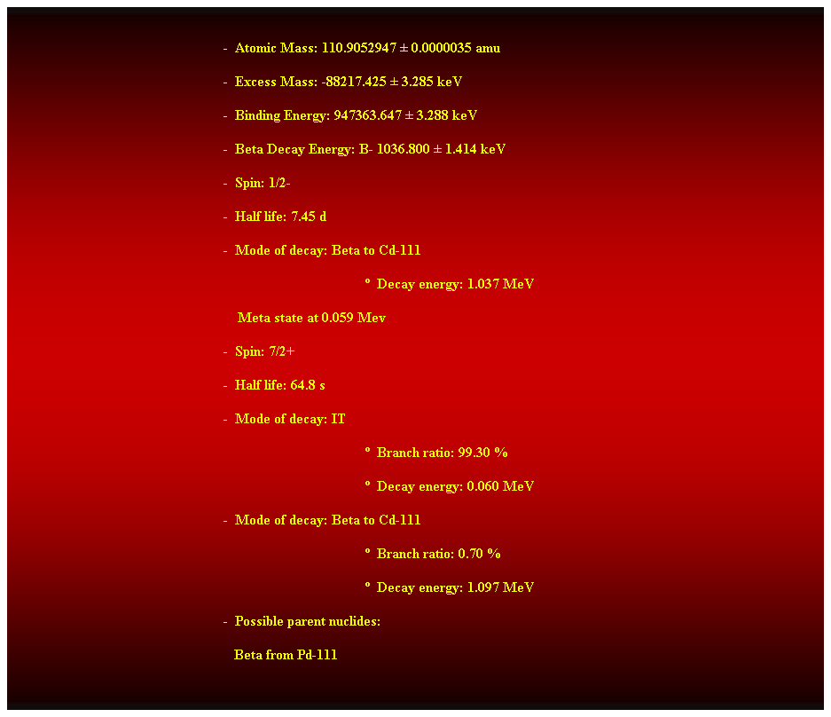 Cuadro de texto:  
-  Atomic Mass: 110.9052947  0.0000035 amu 
-  Excess Mass: -88217.425  3.285 keV 
-  Binding Energy: 947363.647  3.288 keV 
-  Beta Decay Energy: B- 1036.800  1.414 keV 
-  Spin: 1/2- 
-  Half life: 7.45 d 
-  Mode of decay: Beta to Cd-111 
  Decay energy: 1.037 MeV 
    Meta state at 0.059 Mev 
-  Spin: 7/2+ 
-  Half life: 64.8 s 
-  Mode of decay: IT 
  Branch ratio: 99.30 % 
  Decay energy: 0.060 MeV 
-  Mode of decay: Beta to Cd-111 
  Branch ratio: 0.70 % 
  Decay energy: 1.097 MeV 
-  Possible parent nuclides: 
                                                               Beta from Pd-111 
