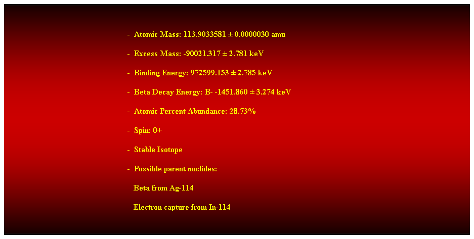 Cuadro de texto:  
-  Atomic Mass: 113.9033581  0.0000030 amu 
-  Excess Mass: -90021.317  2.781 keV 
-  Binding Energy: 972599.153  2.785 keV 
-  Beta Decay Energy: B- -1451.860  3.274 keV 
-  Atomic Percent Abundance: 28.73% 
-  Spin: 0+ 
-  Stable Isotope 
-  Possible parent nuclides: 
                                                               Beta from Ag-114 
                                                               Electron capture from In-114 
 
