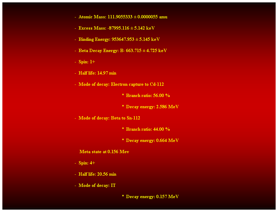 Cuadro de texto:  
-  Atomic Mass: 111.9055333  0.0000055 amu 
-  Excess Mass: -87995.116  5.142 keV 
-  Binding Energy: 953647.953  5.145 keV 
-  Beta Decay Energy: B- 663.715  4.725 keV 
-  Spin: 1+ 
-  Half life: 14.97 min 
-  Mode of decay: Electron capture to Cd-112 
  Branch ratio: 56.00 % 
  Decay energy: 2.586 MeV 
-  Mode of decay: Beta to Sn-112 
  Branch ratio: 44.00 % 
  Decay energy: 0.664 MeV 
    Meta state at 0.156 Mev 
-  Spin: 4+ 
-  Half life: 20.56 min 
-  Mode of decay: IT 
  Decay energy: 0.157 MeV 
